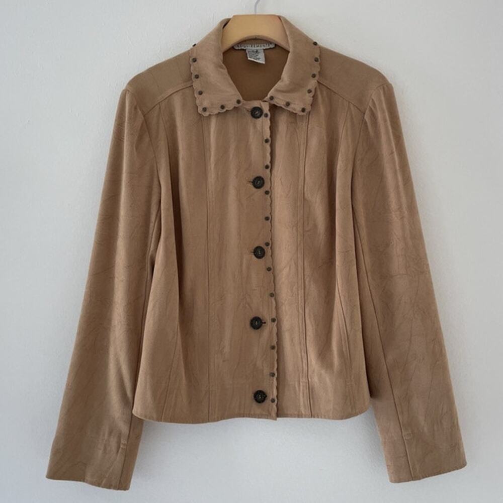 Vtg Y2K Tan Micro Suede Studded Collared Cropped Jacket Sz M Minimal Western